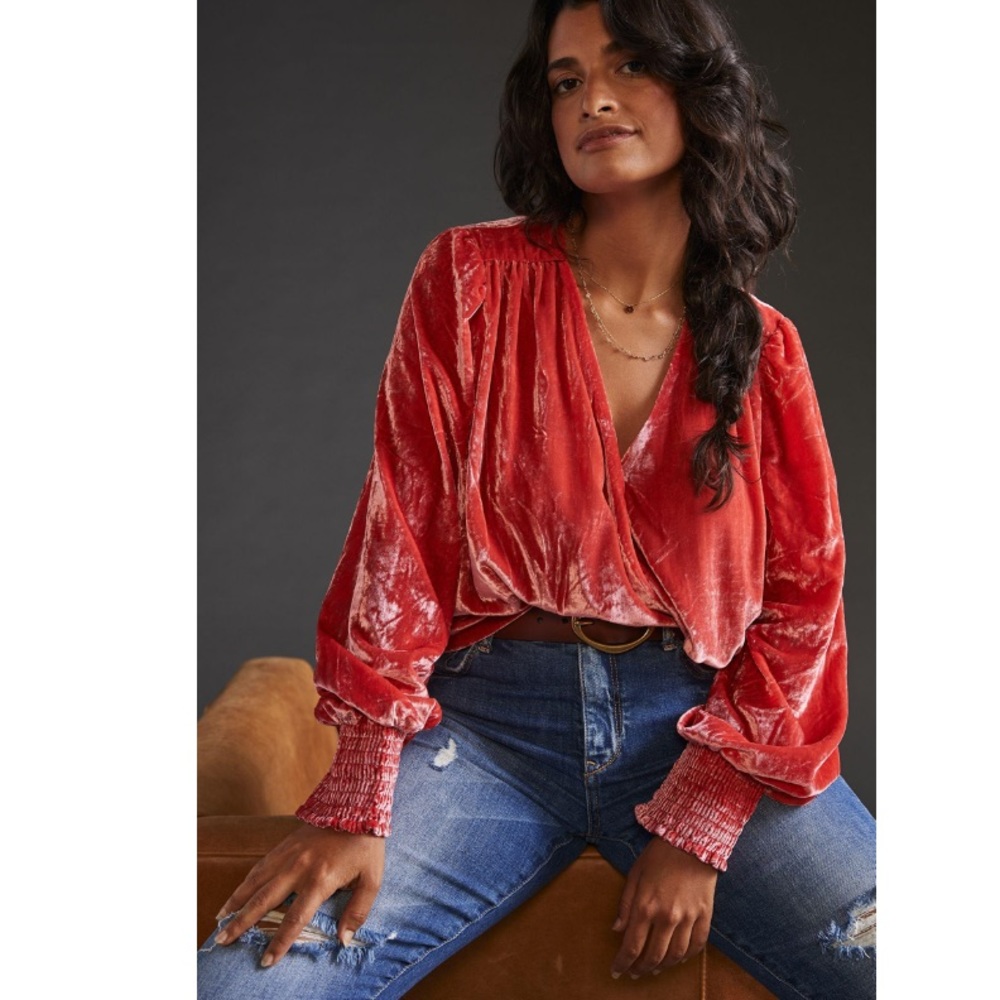 Anthropologie NWOT Tomato Red Velvet Blouse XL